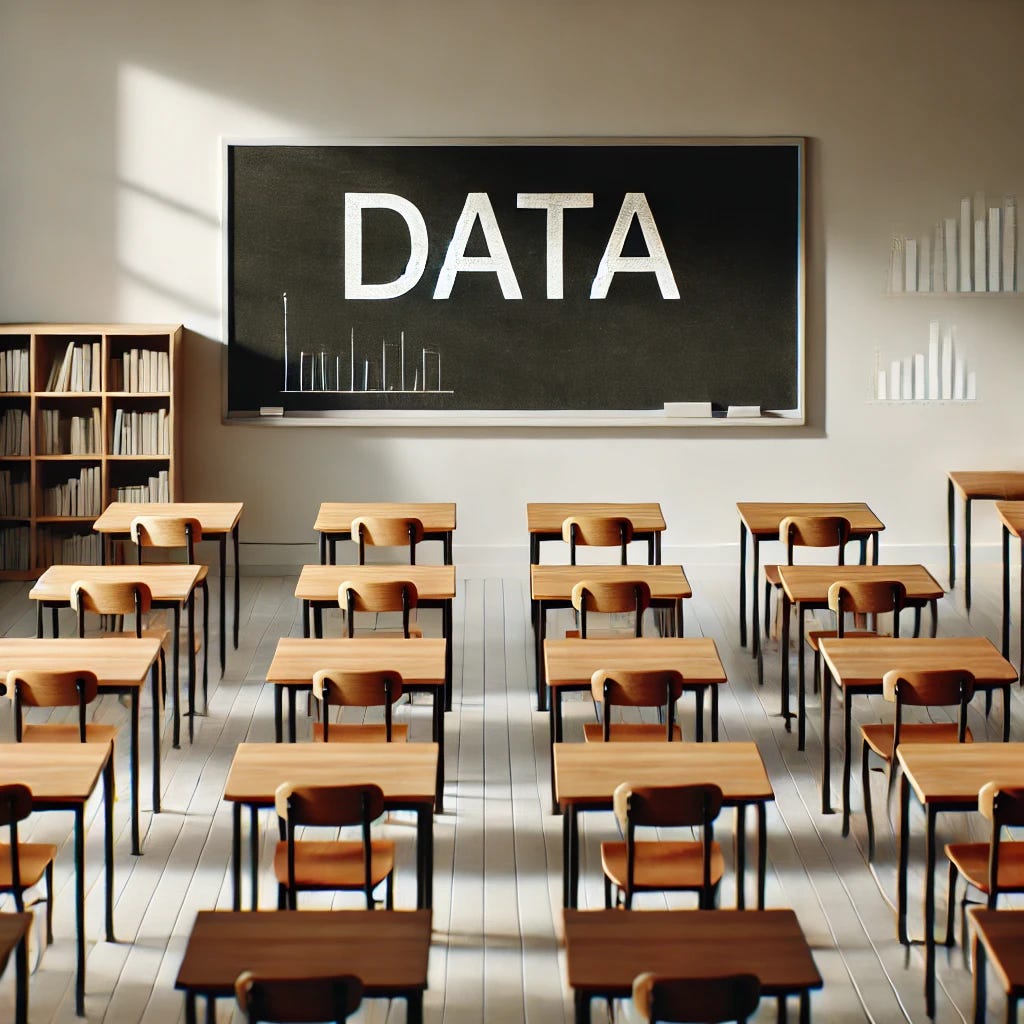 An empty classroom with rows of wooden desks and chairs neatly arranged. A large blackboard at the front has the word 'DATA' written in bold, white chalk. The classroom has a clean and minimalistic look, with sunlight streaming in through the windows, casting soft shadows. The atmosphere is quiet and studious.