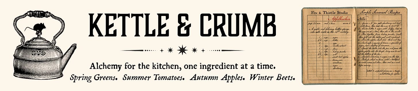 Kettle & Crumb section banner for The Liminal almanac: antique teakettle with mouse on top, handwritten 18th-century Apfelkuchen recipe page, alchemy for the kitchen with seasonal ingredients; spring greens, summer tomatoes, autumn apples, winter beets