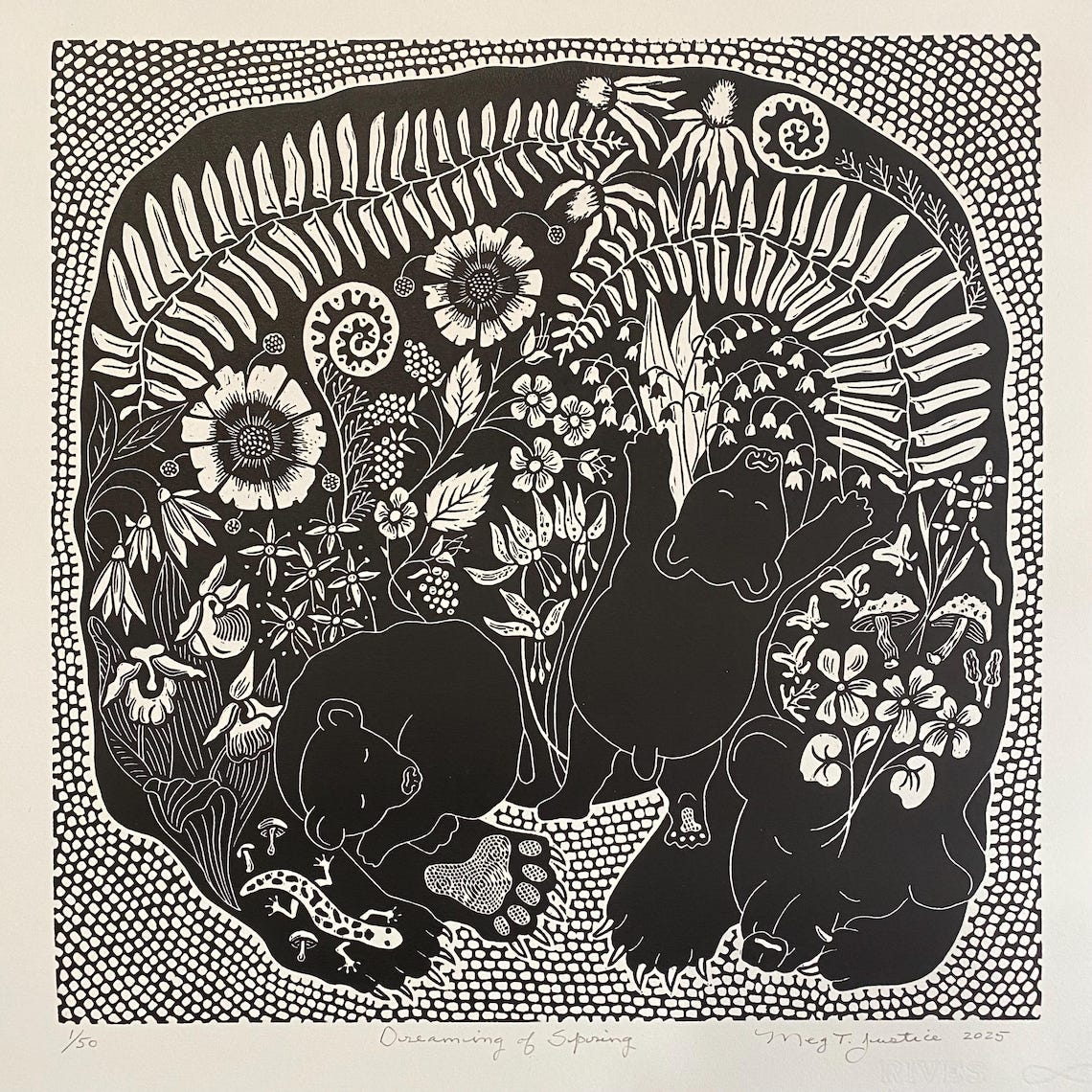 Dreaming of Spring linocut in black, black bear and cubs linocut print,woodland creature art,wildflowers linocut,handcarved linoprint image 1