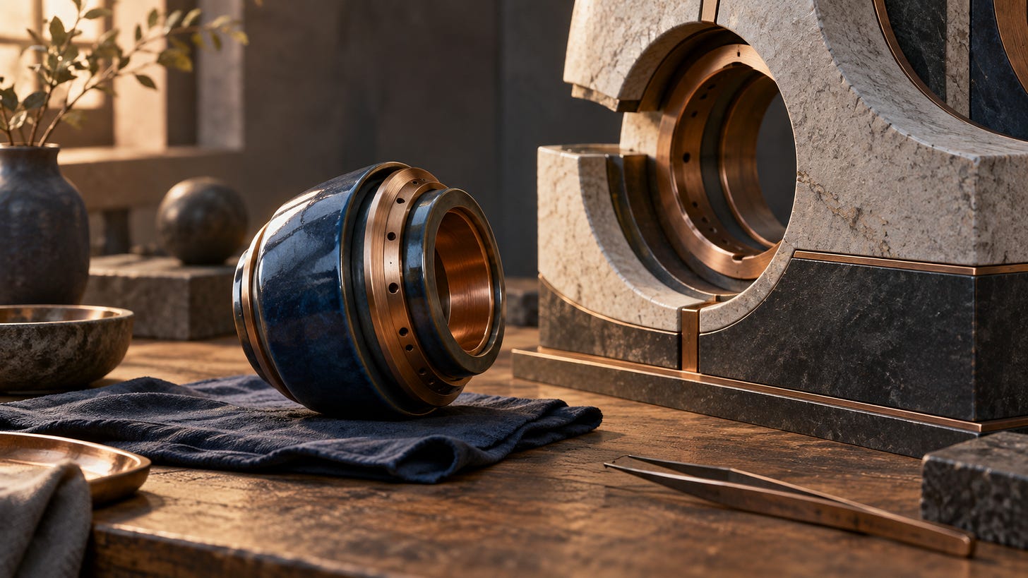 A blue and copper sphere sits on a cloth beside stone and metal items on a wooden table.