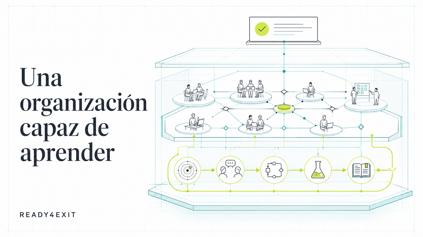 Ilustración en sección de una organización: sobre una métrica positiva aparecen los procesos, el equipo, la documentación y el ciclo de aprendizaje que sostienen el resultado.