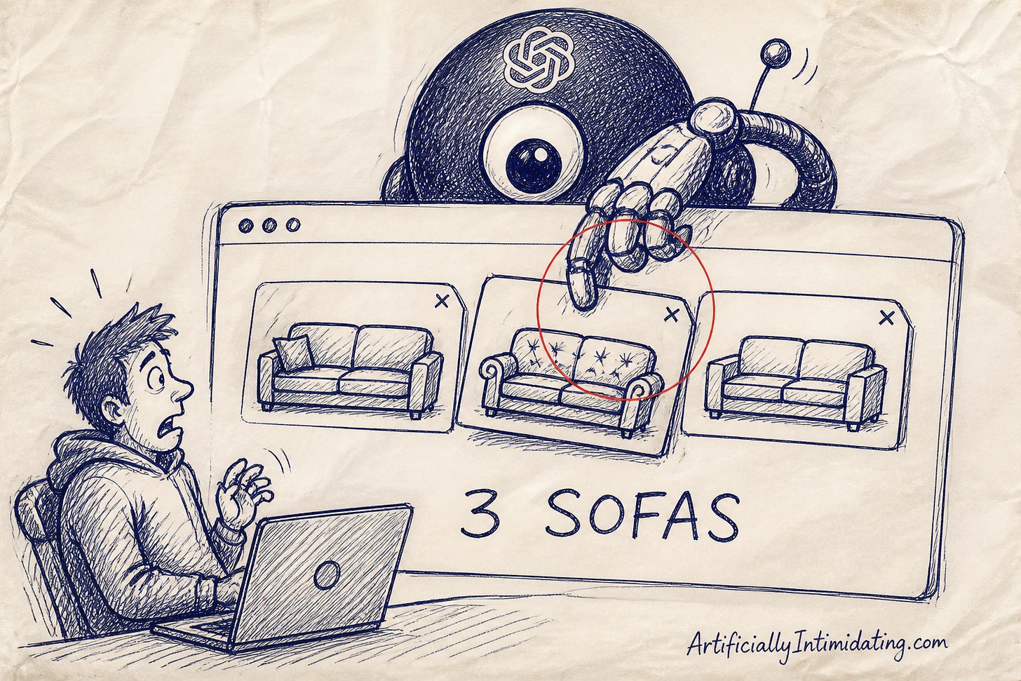 A startled person at a laptop watches a giant black robot with a flower-knot emblem and one big eye peek over the screen and point at one of three open sofa tabs.