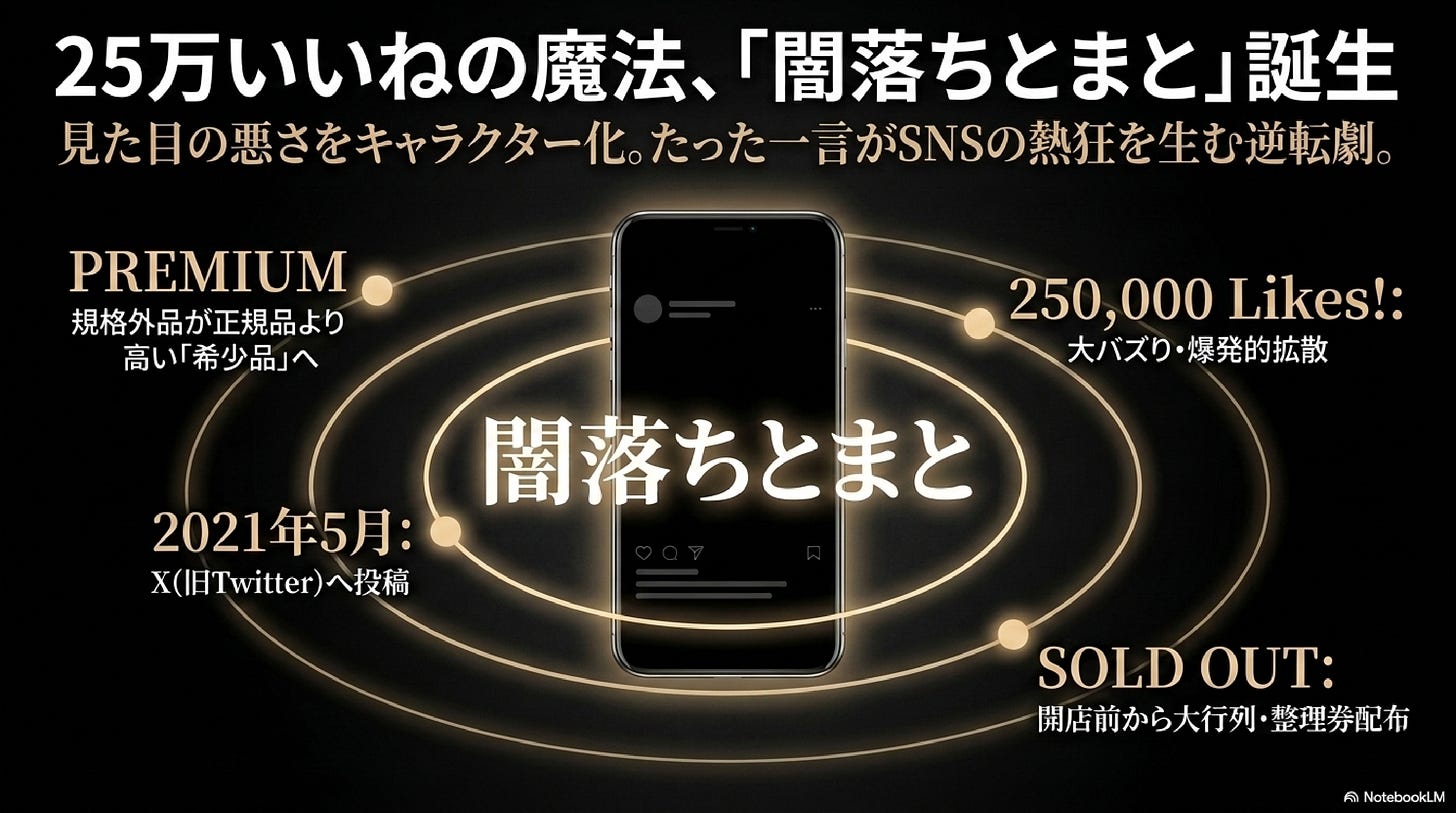 闇落ちとまと誕生の経緯図。2021年5月のX投稿が25万いいねで拡散し、開店前から行列・整理券配布、規格外品が正規品より高いプレミア価格で完売 闇落ちとまと誕生の経緯図。2021年5月のX投稿が25万いいねで拡散し、開店前から行列・整理券配布、規格外品が正規品より高いプレミア価格で完売