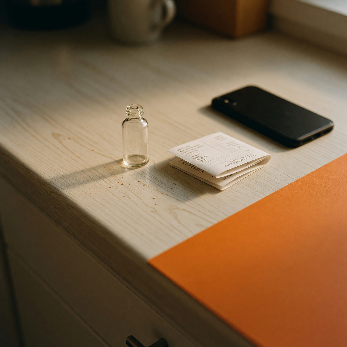 A single small unlabelled glass vial standing on a plain kitchen counter in warm morning light, completely blank with no writing anywhere on it, beside a folded receipt and a face-down phone