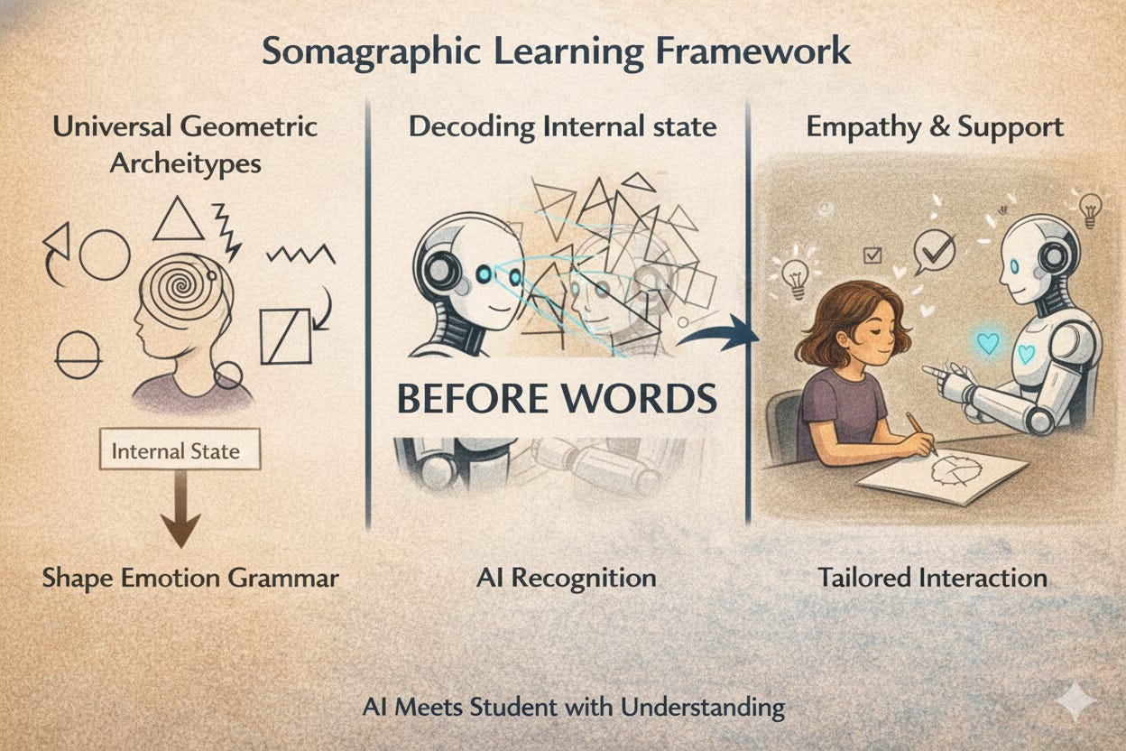 A three-part diagram of the Somagraphic Learning Framework. Section one shows Universal Geometric Archetypes decoding internal emotional states. Section two depicts AI recognition of these "Before Words" states. Section three shows a student and a robot engaging in tailored, empathetic interaction for supported learning.