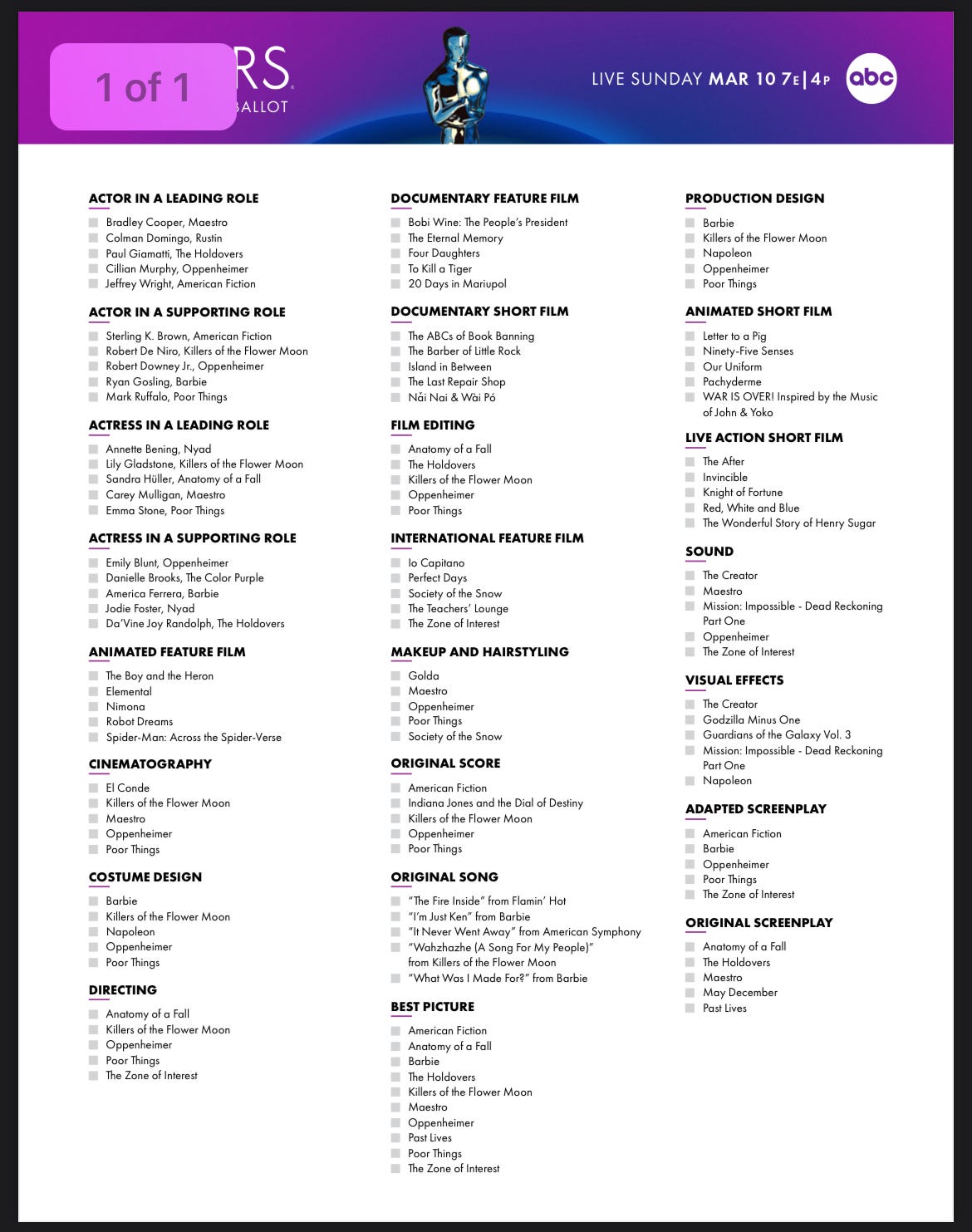 Picture of 2024, Oscar ballot with each category and nominees