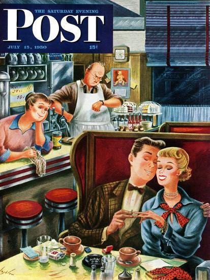 Diner Engagement" Saturday Evening Post Cover, July 15, 1950' Giclee Print  - Constantin Alajalov | Art.com