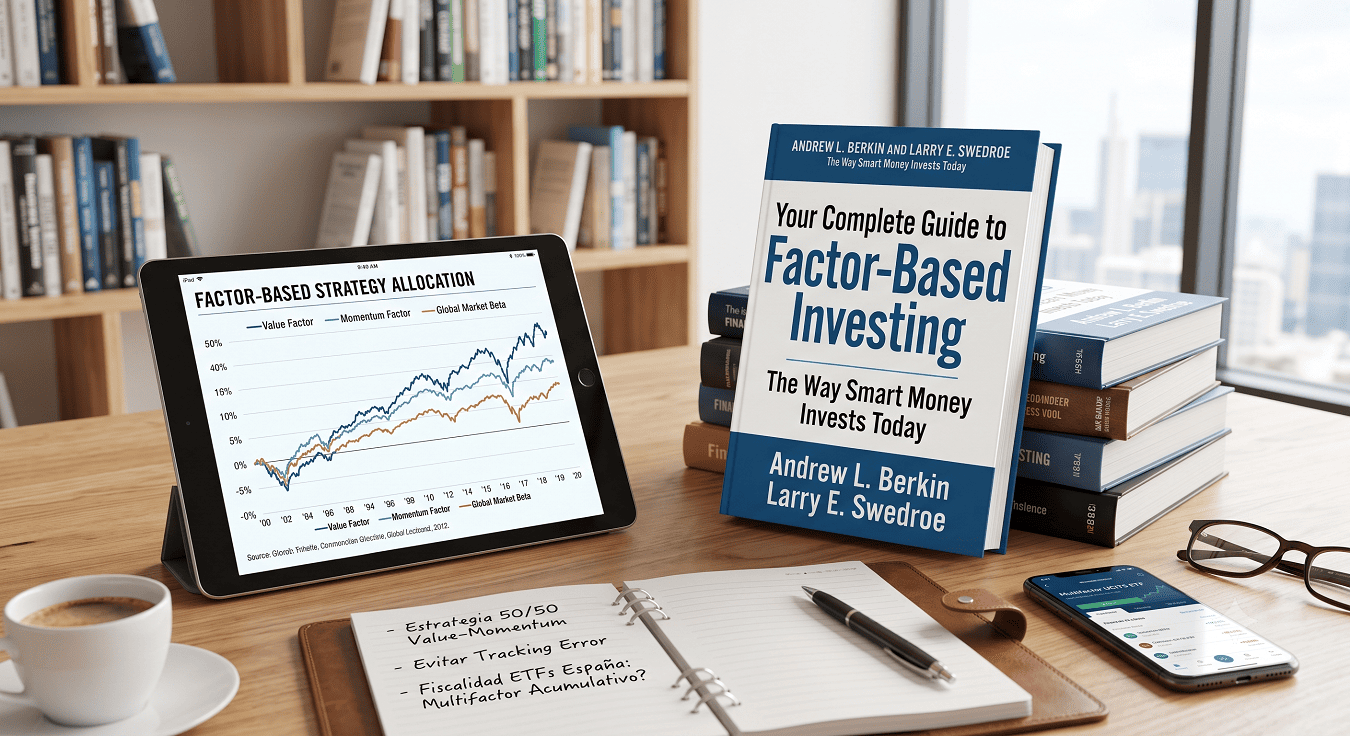 Una fotografía realista de un escritorio de madera pulida que muestra la portada del libro "Your Complete Guide to Factor-Based Investing" de Berkin y Swedroe como elemento central. Junto al libro hay una tableta que muestra un gráfico de rendimiento de factores (Value, Momentum). En primer plano, una libreta de notas de cuero tiene apuntes manuscritos en español sobre estrategias de inversión y fiscalidad. Una taza de café y un smartphone completan la escena. Al fondo, desenfocado, hay una estantería con libros y una ventana grande con vistas a una ciudad moderna. Una fotografía realista de un escritorio de madera pulida que muestra la portada del libro "Your Complete Guide to Factor-Based Investing" de Berkin y Swedroe como elemento central. Junto al libro hay una tableta que muestra un gráfico de rendimiento de factores (Value, Momentum). En primer plano, una libreta de notas de cuero tiene apuntes manuscritos en español sobre estrategias de inversión y fiscalidad. Una taza de café y un smartphone completan la escena. Al fondo, desenfocado, hay una estantería con libros y una ventana grande con vistas a una ciudad moderna.