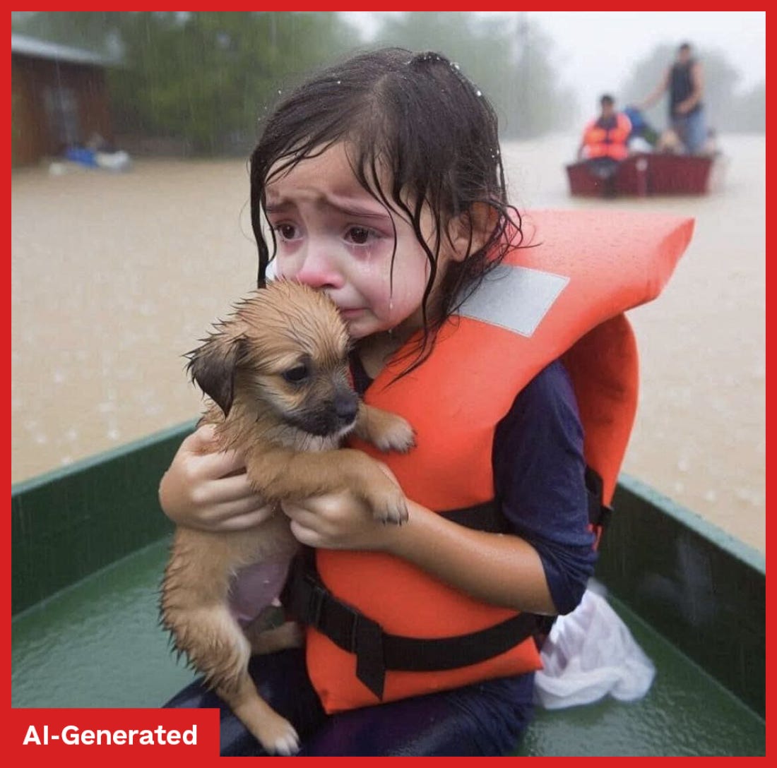 An image that was likely created with artificial intelligence tools that purported to show a young survivor of Hurricane Helene. The image got millions of views online, even after its provenance was questioned. An image that was likely created with artificial intelligence tools that purported to show a young survivor of Hurricane Helene. The image got millions of views online, even after its provenance was questioned.