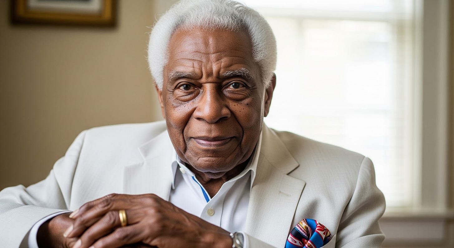 Elderly Creole successful business man at his podcast interview, with white hair and eyes that are both wise and kind.