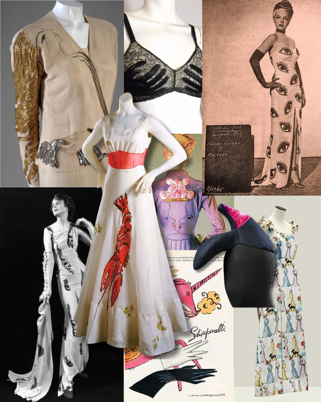 Met Gala 2026 Elsa Schiaparelli Surrealist fashion mood board featuring the iconic 1937 lobster dress, hands bra, all-seeing eye print gown, shoe hat, bird embroidered jacket, Surrealist lobster print evening skirt, and original 1930s Schiaparelli x Salvador Dali collaborations — Met Gala 2026 Fashion is Art Surrealism predictions