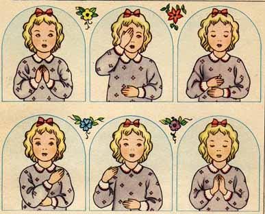 A vintage-style illustration of a small blond girl shown from the waist up. There are six frames demonstrating the different positions of the hands when making the sign of the cross.