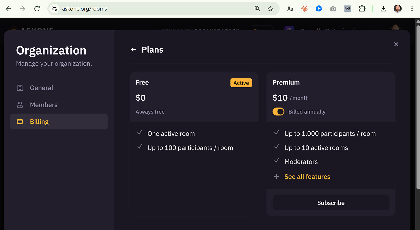 AskOne production, organization billing with Free and Premium plans AskOne production, organization billing with Free and Premium plans