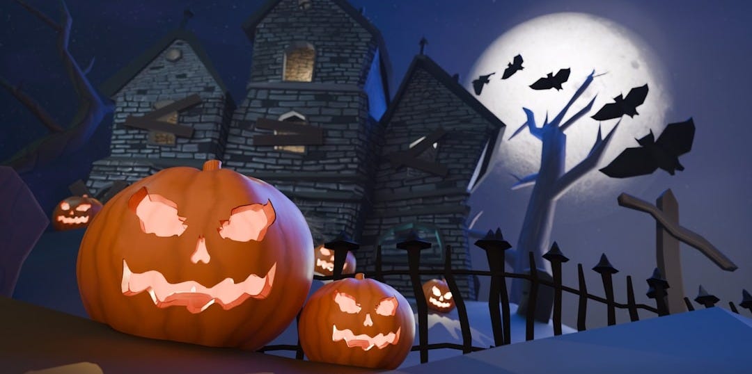 Spooky halloween scene with jack-o'-lanterns and haunted house.