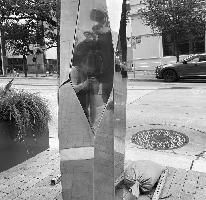 a photo of a Printernet issue with a green cover, a photo of me holding my published short story in an Atlanta Barnes and Noble, a selfie in a public art sculpture, a dry gin martini with a twist