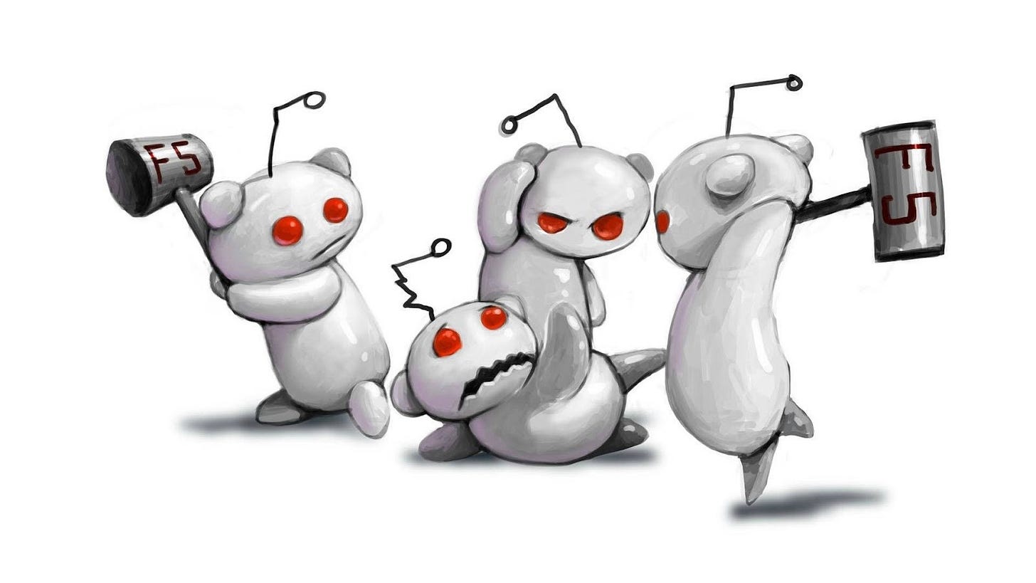 Cartoon Reddit mascots using hammers labeled F5 to attack another mascot on the ground. Cartoon Reddit mascots using hammers labeled F5 to attack another mascot on the ground.