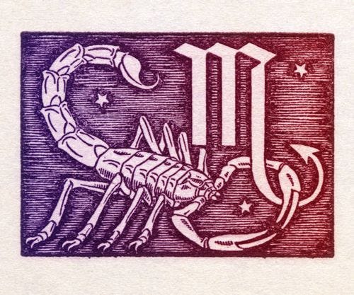 Scorpio is the eighth sign of the zodiac of western astrology, of water and fixed; from October 23 to 21 November. Colored version of woodcut of...