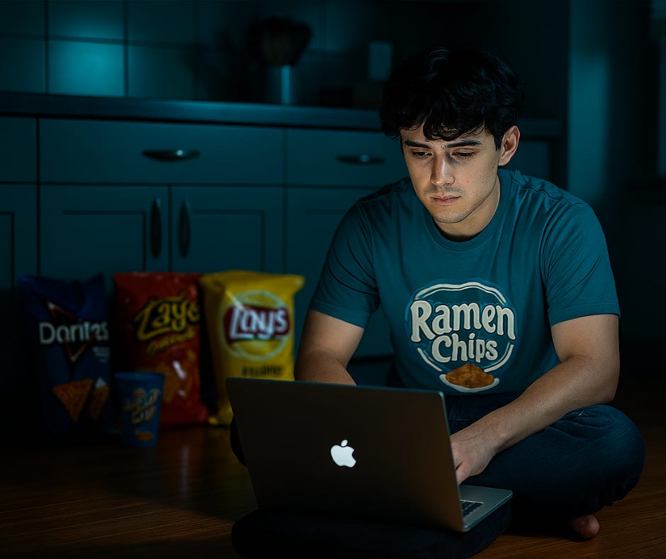 A young man sits cross-legged on a wooden floor using a silver laptop, with Doritos, Lays, and a ramen cup behind him. He’s focused, wearing a teal “Ramen Chips” t-shirt, lit by the screen’s glow.A young man sits cross-legged on a wooden floor using a silver laptop, with Doritos, Lays, and a ramen cup behind him. He’s focused, wearing a teal “Ramen Chips” t-shirt, lit by the screen’s glow. A young man sits cross-legged on a wooden floor using a silver laptop, with Doritos, Lays, and a ramen cup behind him. He’s focused, wearing a teal “Ramen Chips” t-shirt, lit by the screen’s glow.A young man sits cross-legged on a wooden floor using a silver laptop, with Doritos, Lays, and a ramen cup behind him. He’s focused, wearing a teal “Ramen Chips” t-shirt, lit by the screen’s glow.