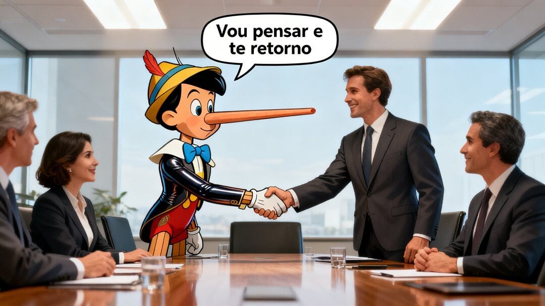 imagem do desenho do Pinóquio interagindo com vendedores do mundo real. Acima da cabeça do desenho tem a seguinte frase: Vou pensar e te retorno