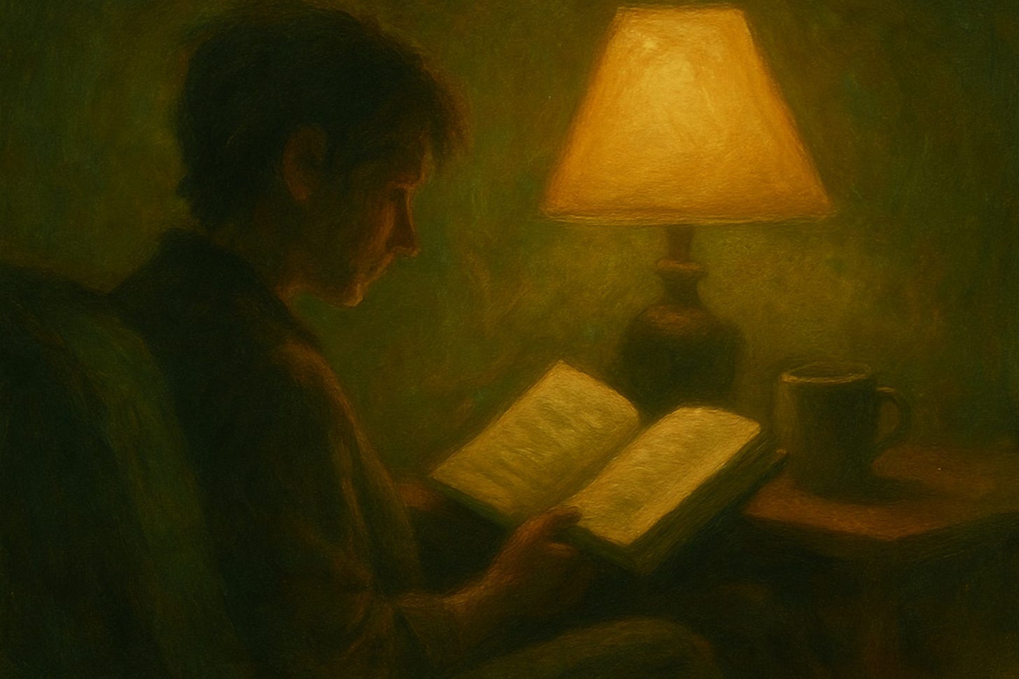 A warm-toned oil painting of a person reading a book under a soft lamp, coffee cup nearby, in a calm green-brown palette.