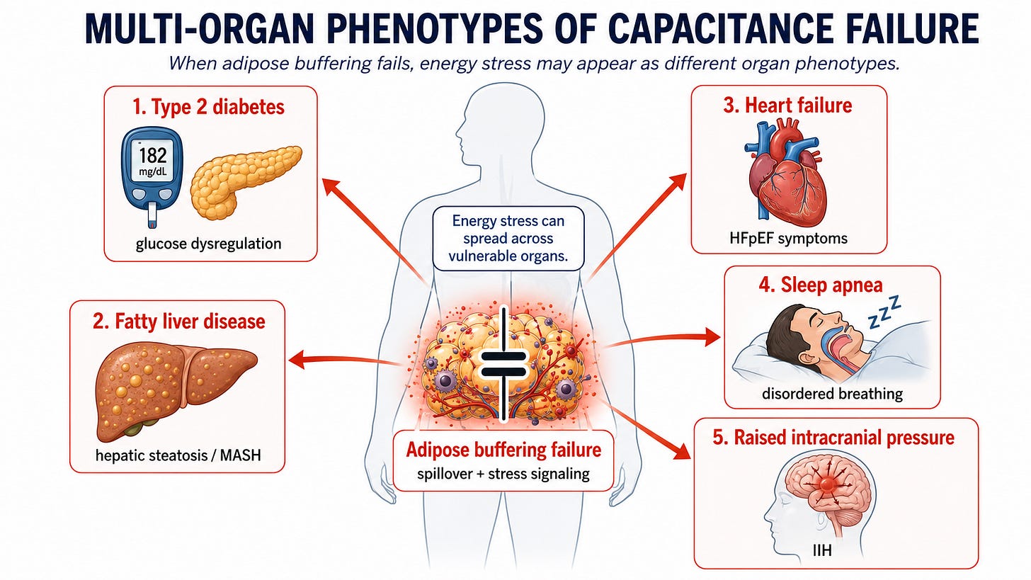 Multi-organ phenotypes of capacitance failure. When adipose buffering fails, energy stress may appear as different organ phenotypes: diabetes, fatty liver disease, heart failure, sleep apnea, or raised intracranial pressure.