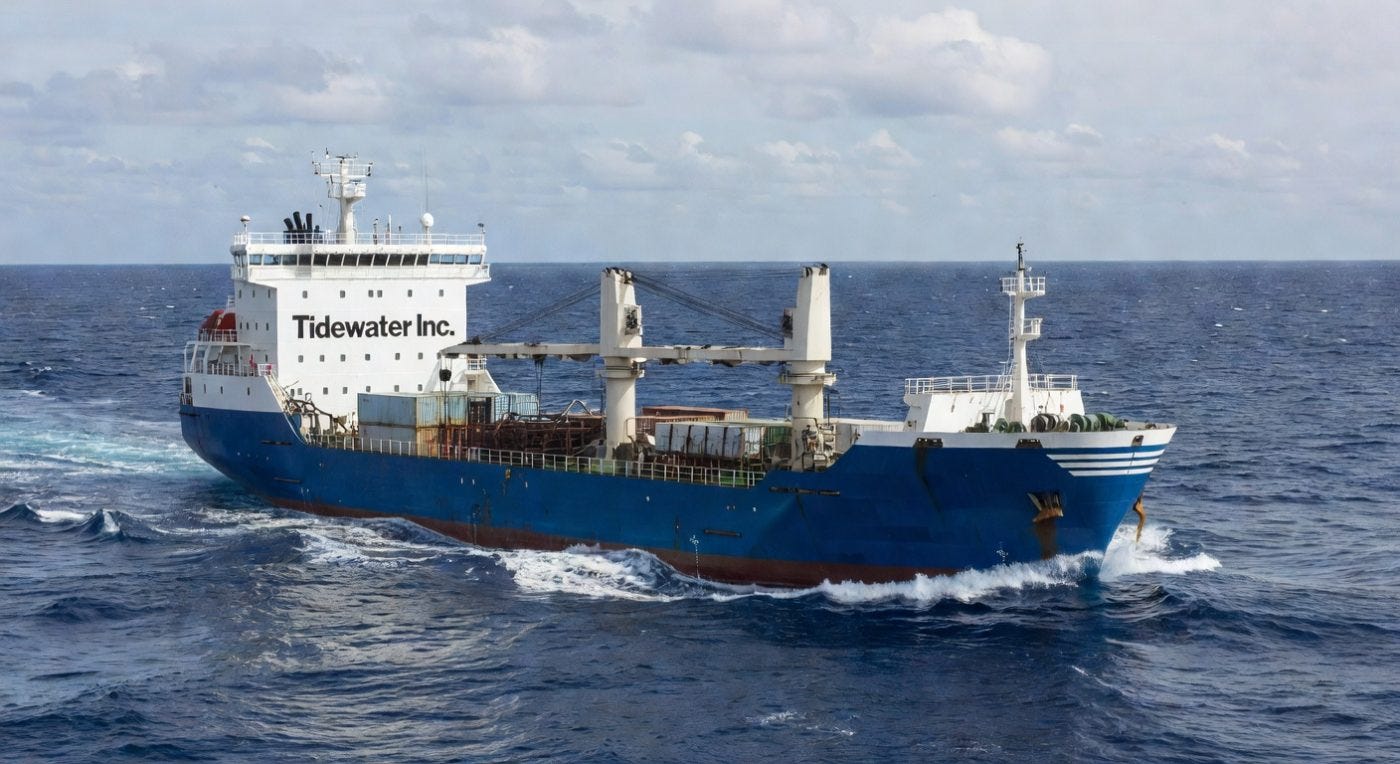Tidewater Inc cargo ship sailing through blue ocean waters under cloudy sky
