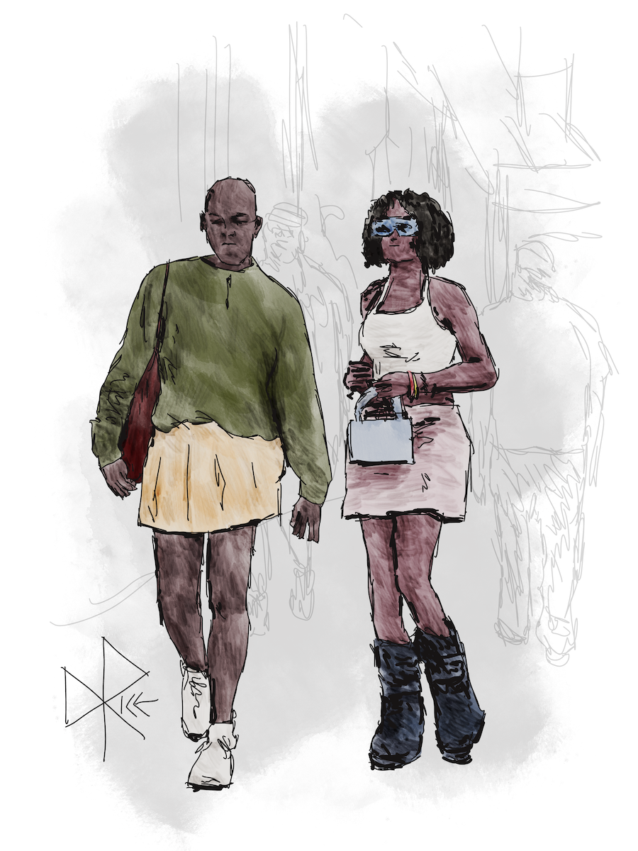 Two people stroll down a hot summer urban sidewalk while wearing lightweight tops and skirts. Sketch art by Don Rice. Two people stroll down a hot summer urban sidewalk while wearing lightweight tops and skirts. Sketch art by Don Rice.