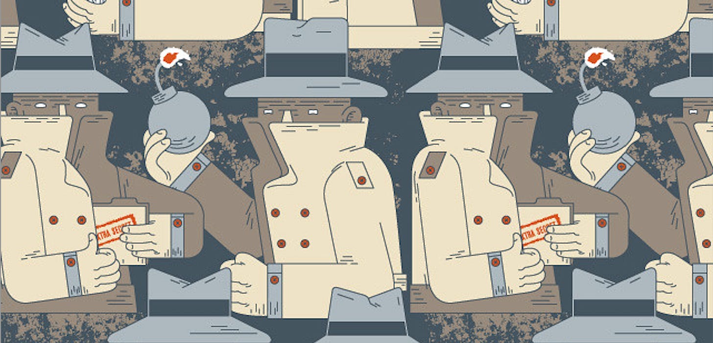 Repeating cartoon pattern of trench coat-wearing spies in fedora hats, illustrated in a retro, stylized manner. Each spy holds either a round bomb with a lit fuse or a folder labeled "TOP SECRET." The color scheme is muted with beige, brown, gray, and dark blue tones, giving a vintage, clandestine feel. The background has a distressed texture, enhancing the secretive and mysterious theme. Repeating cartoon pattern of trench coat-wearing spies in fedora hats, illustrated in a retro, stylized manner. Each spy holds either a round bomb with a lit fuse or a folder labeled "TOP SECRET." The color scheme is muted with beige, brown, gray, and dark blue tones, giving a vintage, clandestine feel. The background has a distressed texture, enhancing the secretive and mysterious theme.
