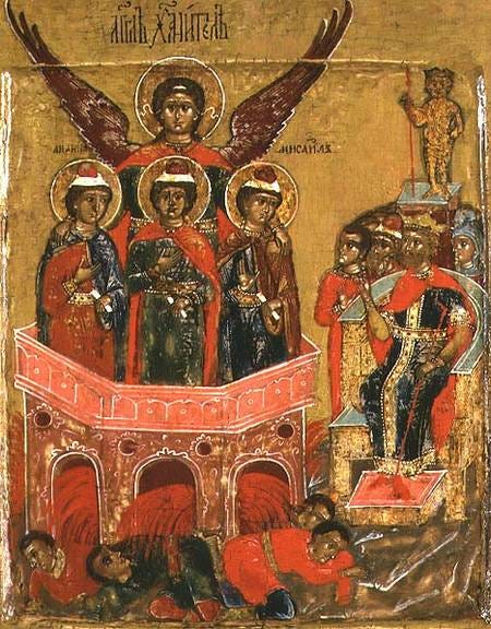 Russian icon depicting Shadrach, Meshach - Moscow school as art print or  hand painted oil.