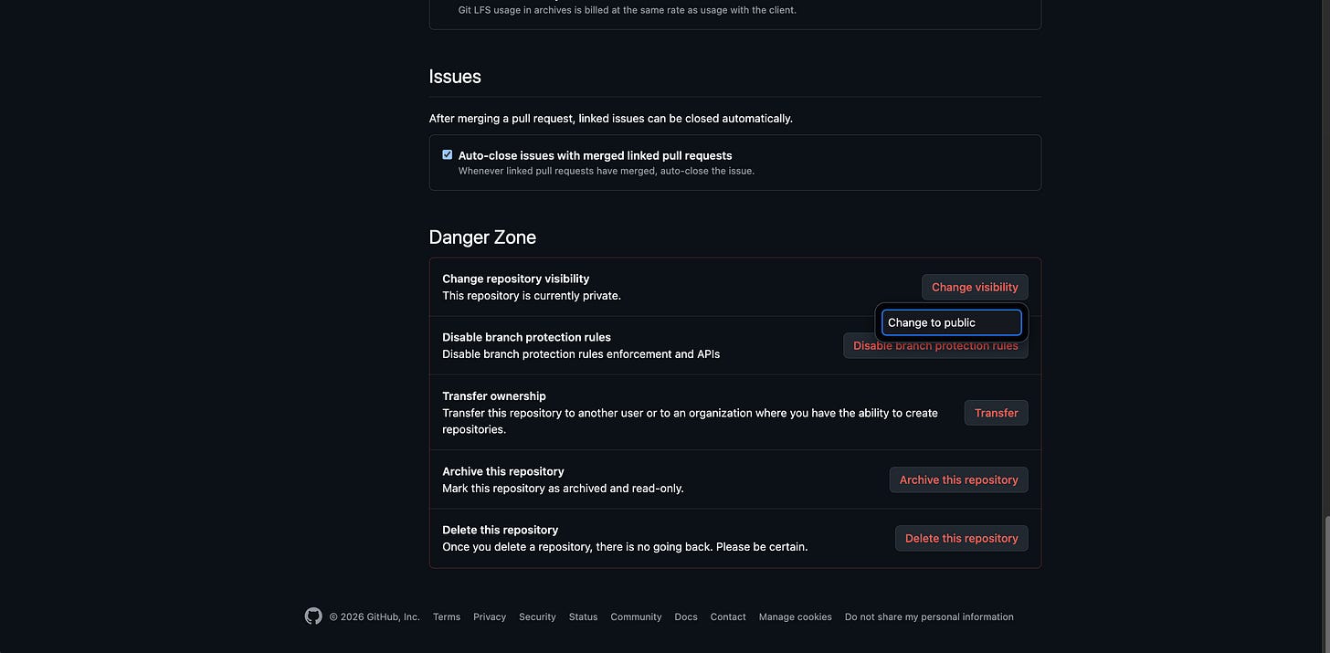 The GitHub repository settings page displays the Danger Zone section with a menu selected to change visibility to public. The GitHub repository settings page displays the Danger Zone section with a menu selected to change visibility to public.