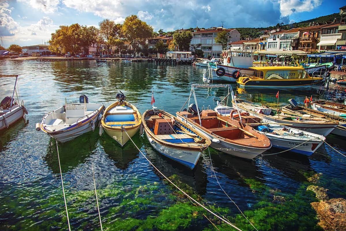 View of boats in the harbour, wooden mansions, cobblestone streets, and horse-drawn carriages on Büyükada Island