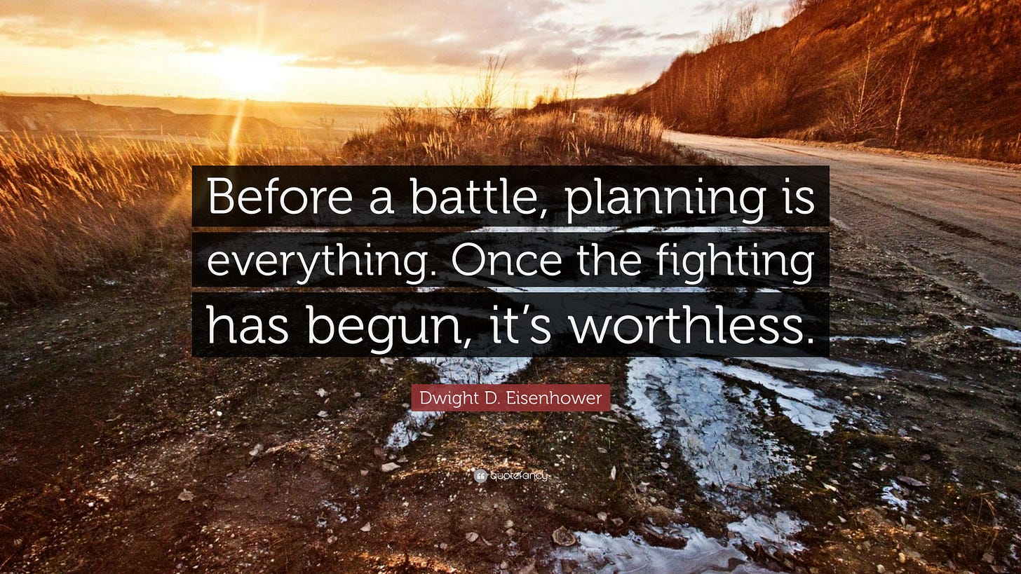 Dwight D. Eisenhower Quote: “Before a battle, planning is everything. Once  the fighting has begun, it's