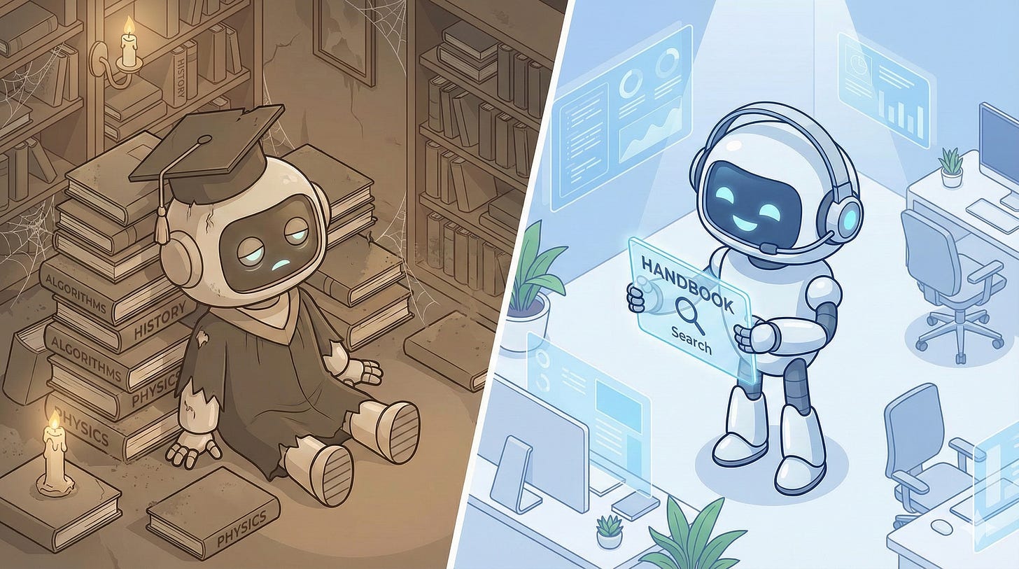 A split-screen illustration. On the left, an exhausted robot graduates from university, representing expensive model training. On the right, an efficient robot uses a digital handbook, representing Retrieval Augmented Generation (RAG). A split-screen illustration. On the left, an exhausted robot graduates from university, representing expensive model training. On the right, an efficient robot uses a digital handbook, representing Retrieval Augmented Generation (RAG).