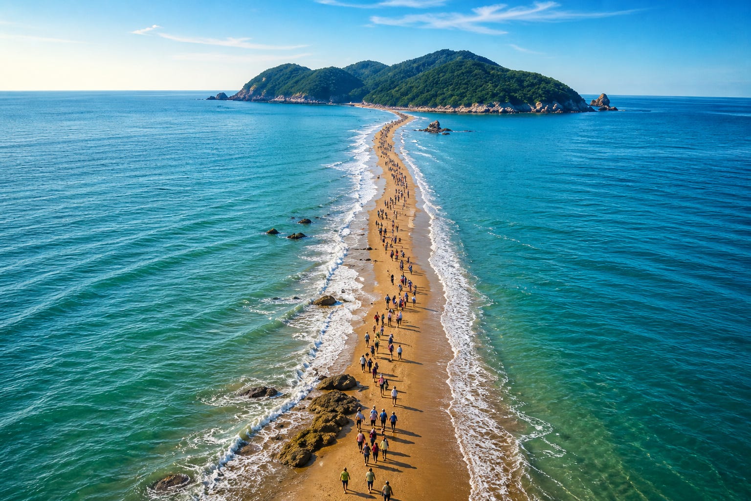 A narrow path emerges from the sea between Jindo and Modo Islands, as visitors walk across the exposed seabed during the rare tidal event known as the Jindo Sea Parting.