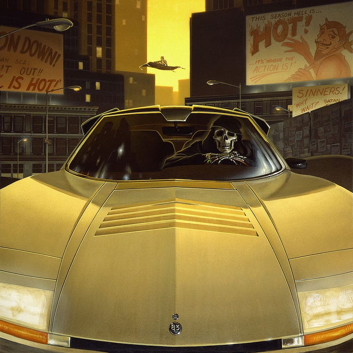 LEFT: Detail from THANATOS featuring a view up the hood of a yellow sports car to Death leaning on the steering wheel. It wears a black cloak that reveals skeletal face and bony hands. The ornament on the hood is the artists sigil, the stylized letters M and W combined within a circle. Above, less noticeable, is the copyright date 1983. RIGHT: Figure detail from THANATOS featuring Death resting his bony hands on the steering wheel of a sports car. His fingers are fanned and there is a smooth translucent yellow stone between his index and ring fingers then a green stone between middle and ring finger. The billboard behind shows a cartoonish picture of the devil with the text "This season hell is HOT! ...it's where the ACTION IS!" Another cut off billboard reads, “SINNERS! WHY WAIT? SATAN…”