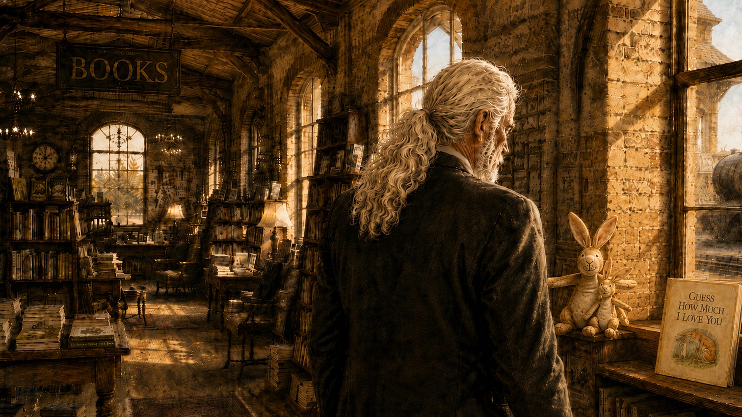 Rick Horowitz, a man with long silver-white ponytail, seen from behind in a dark suit, walks through a warmly lit secondhand bookstore inside a converted railway station toward a display of two stuffed rabbits and Guess How Much I Love You. Golden afternoon light streams through tall windows, where an old steam locomotive waits outside.
