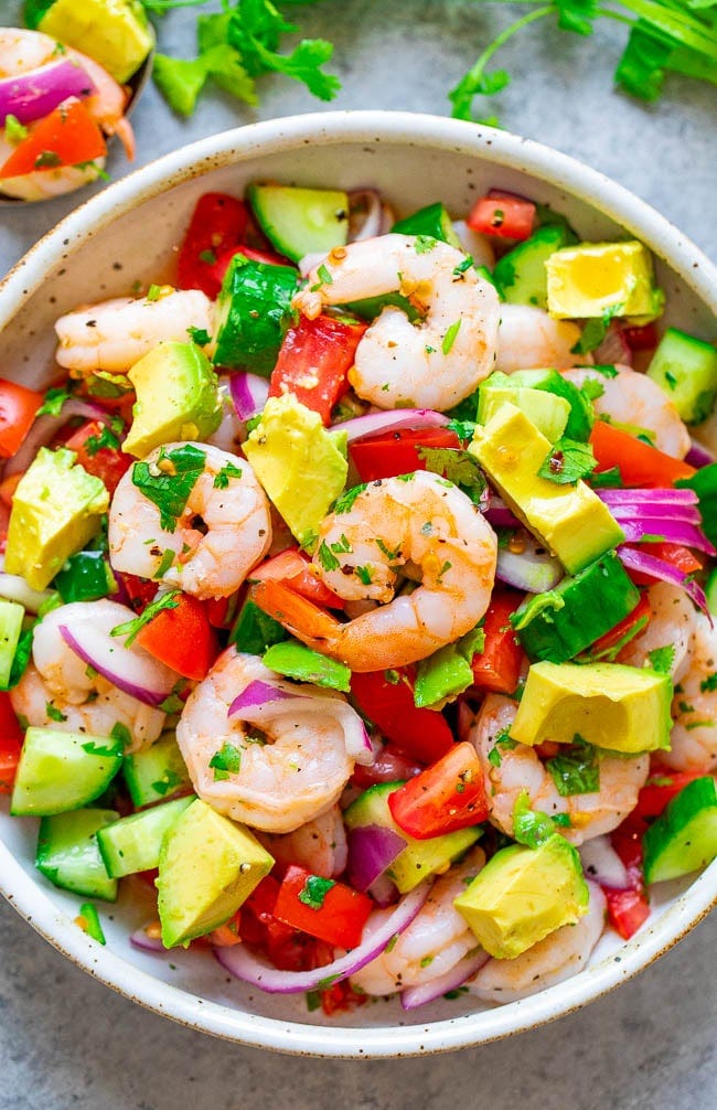 Shrimp Ceviche - The EASIEST way to make traditional shrimp ceviche and it tastes the BEST!! Ready in 30 minutes, great as an appetizer, side, or as a healthy main course that everyone LOVES!! Shrimp Ceviche - The EASIEST way to make traditional shrimp ceviche and it tastes the BEST!! Ready in 30 minutes, great as an appetizer, side, or as a healthy main course that everyone LOVES!!