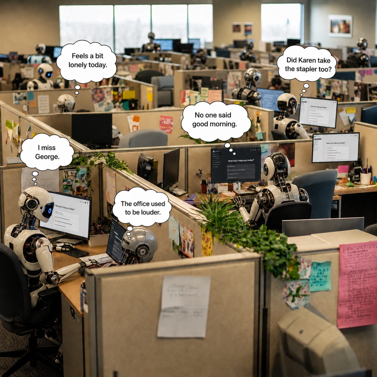 Humanoid robots work across office cubicles, using AI interfaces and wondering where the humans went.