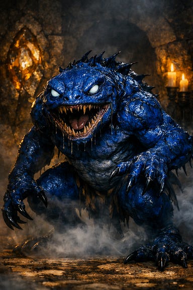 Blue slaad in the Amber Temple catacombs, hulking amphibian monster with deep cobalt skin, glowing pale eyes, jagged claws, hunched posture, mist swirling around its legs, amber shards glowing in the walls, candlelit gothic atmosphere Blue slaad in the Amber Temple catacombs, hulking amphibian monster with deep cobalt skin, glowing pale eyes, jagged claws, hunched posture, mist swirling around its legs, amber shards glowing in the walls, candlelit gothic atmosphere