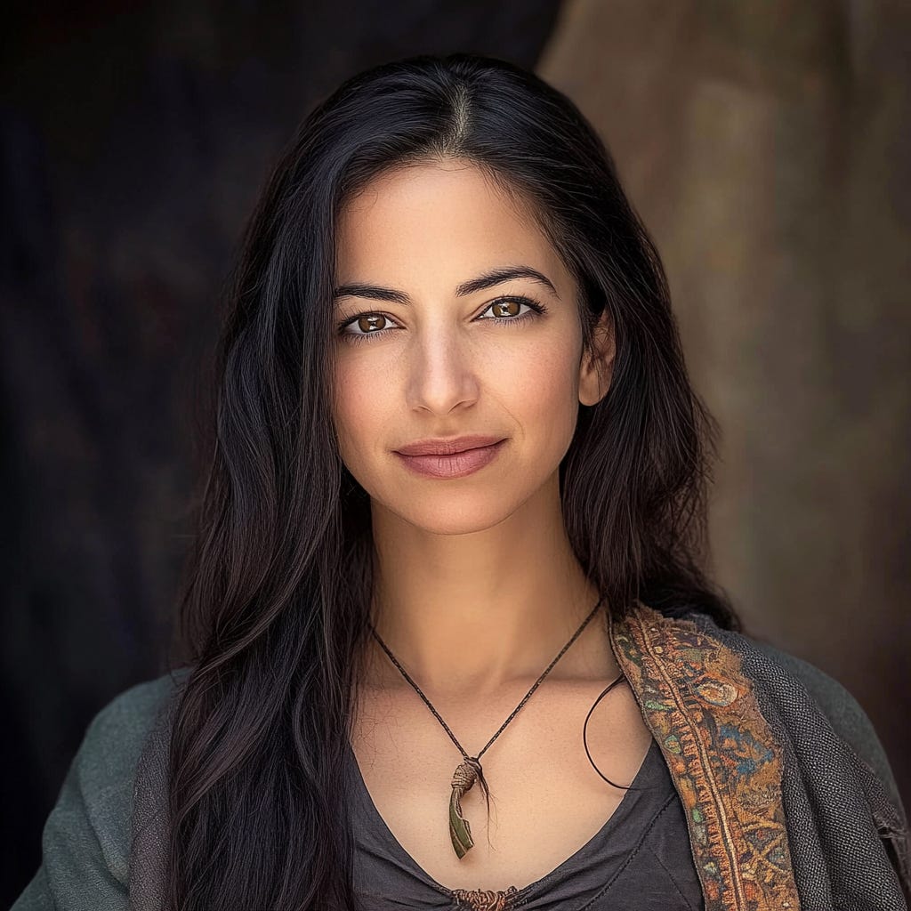 AI-generated portrait of Liat Portal, reimagined with MidJourney, featuring long dark hair, warm brown eyes, and a subtle smile. She wears an earth-toned outfit with an intricate embroidered shawl and a rustic pendant necklace. Part of The Liat Show.
