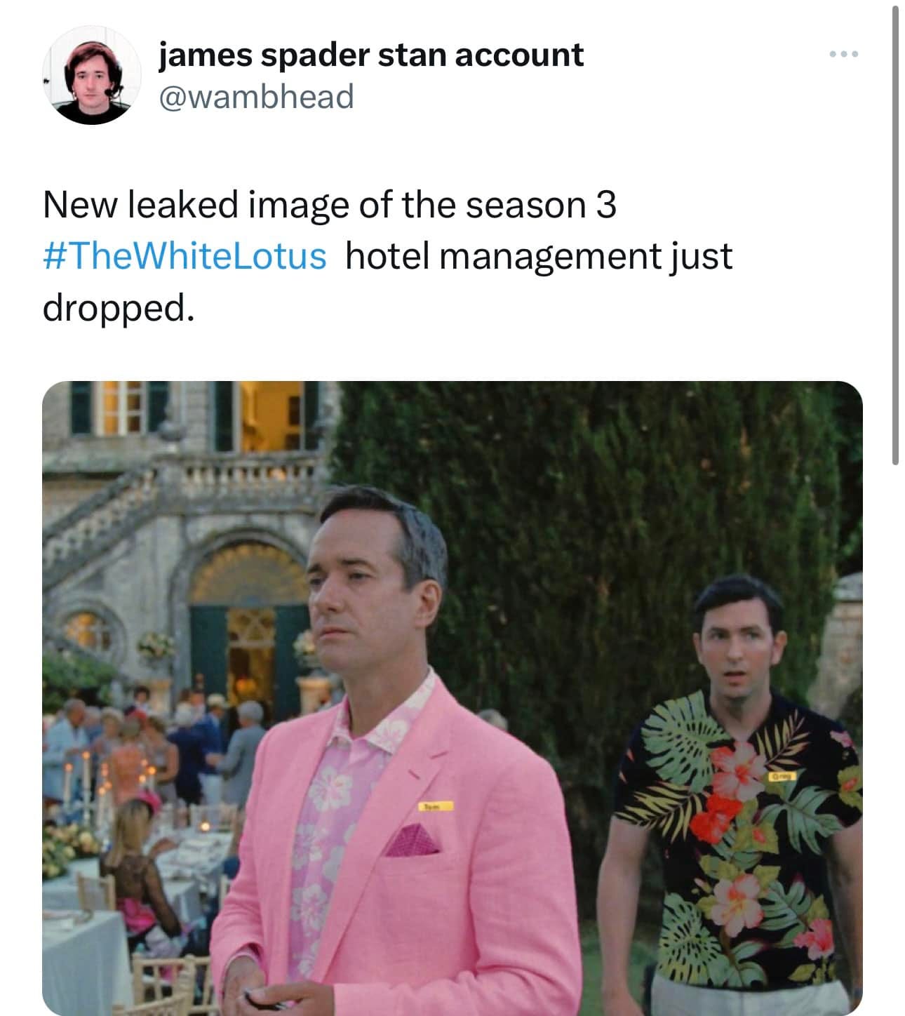 Kan een afbeelding zijn van 6 mensen en de tekst 'james spader stan account @wambhead New leaked image of the season 3 #TheWhiteLotus hotel management just dropped.'