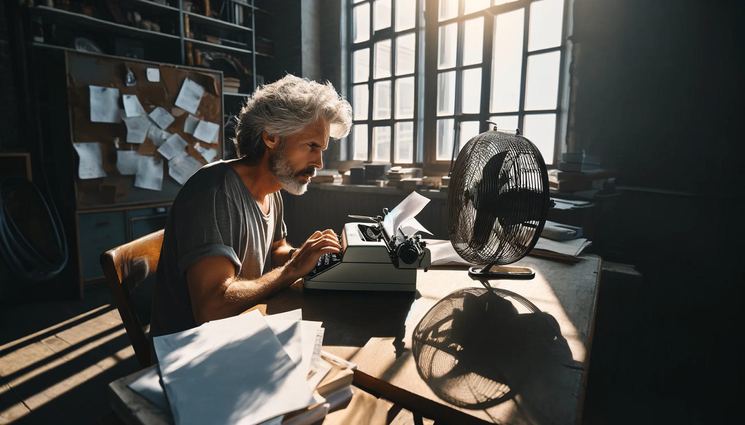 A grey-haired writer in his 40s working in a sunny room filled with heat, typing on a typewriter. The room is bright, with sunlight streaming in through large windows, casting sharp shadows. A ventilator is placed on his side, adding a slight breeze to the room. The writer appears focused, with a look of concentration rather than sweating. Papers and books are scattered around the room, adding to the cluttered but creative atmosphere. The scene is captured in a wide aspect ratio with a Dutch angle, emphasizing the intensity and dynamic nature of the moment. A grey-haired writer in his 40s working in a sunny room filled with heat, typing on a typewriter. The room is bright, with sunlight streaming in through large windows, casting sharp shadows. A ventilator is placed on his side, adding a slight breeze to the room. The writer appears focused, with a look of concentration rather than sweating. Papers and books are scattered around the room, adding to the cluttered but creative atmosphere. The scene is captured in a wide aspect ratio with a Dutch angle, emphasizing the intensity and dynamic nature of the moment.