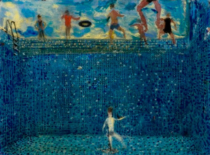 This may contain: a painting of people swimming in a pool with blue tiles on the walls and floor This may contain: a painting of people swimming in a pool with blue tiles on the walls and floor