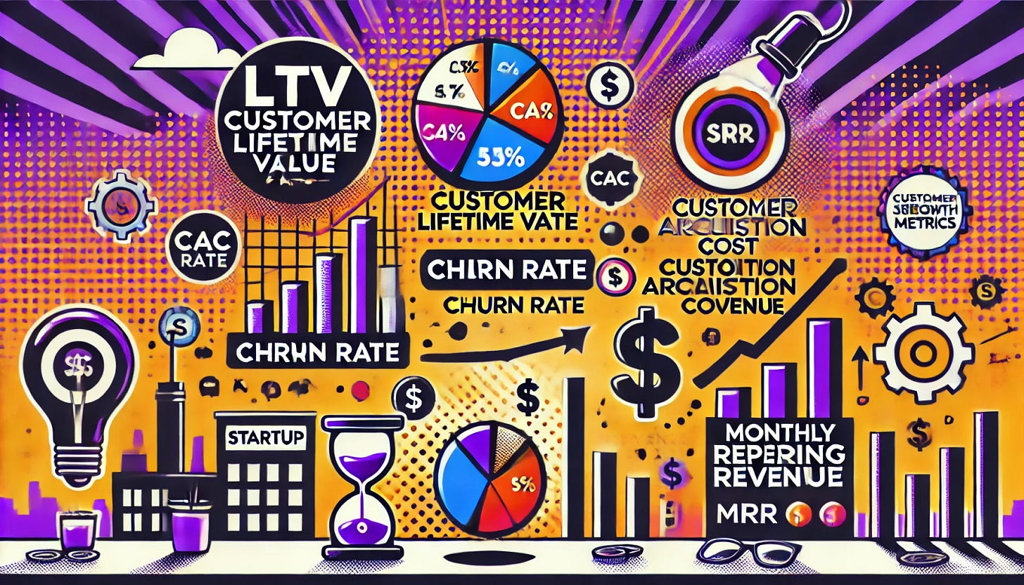 A pop art style illustration depicting key startup metrics such as Customer Lifetime Value (LTV), Churn Rate, Customer Acquisition Cost (CAC), and Monthly Recurring Revenue (MRR). The color palette is restricted to bright purple, bright orange, black, and white, with a white background. The design features symbols representing growth metrics, like graphs, dollar signs, and data points, visually capturing the importance of these metrics in evaluating startup health and growth. The scene is clean and minimal, focused on data-driven insights.