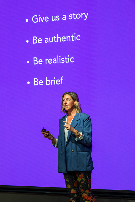 A gallery of images showing Molly Wood moderating fireside chats, panels, giving a keynote, and promoting a Climate Week event.