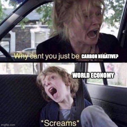 "Why can't you just be normal" meme: a woman screams from the driver's seat of a car and a boy screams back from the back seat. Top text, with "normal" replaced: "Why cant you just be CARBON NEGATIVE?" Label on the boy: "WORLD ECONOMY" Bottom: "*Screams*"