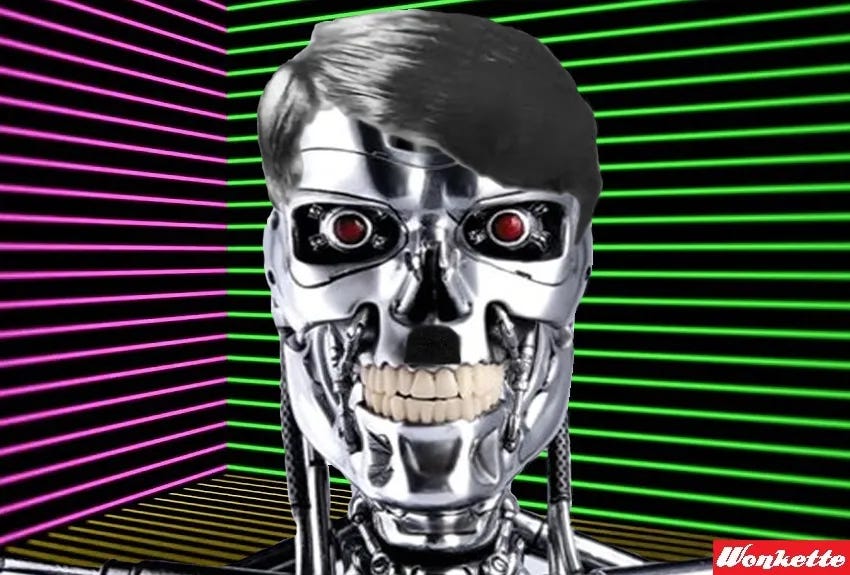 Photoshopped image of a Terminator endoskeleton's face and 'shoulders' with a hitler hairpiece and mustache added, in front of a 'Max-Headroom' style multicolored grid design.