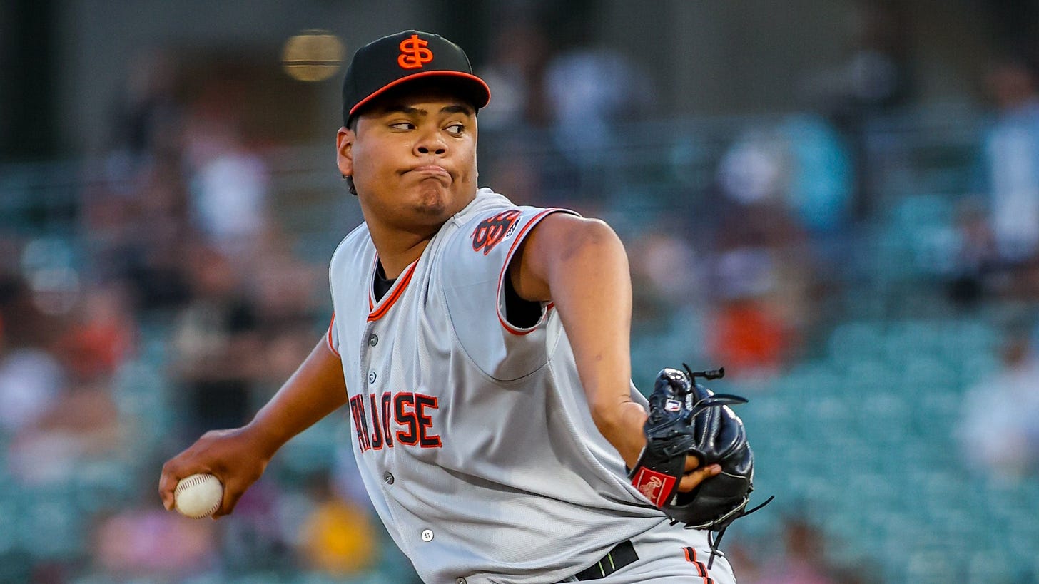 Gerelmi Maldonado throws a pitch in a gray San Jose Giants uniform