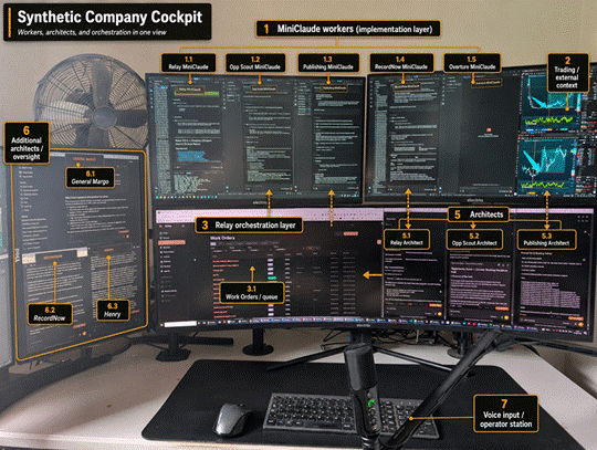 Title: Synthetic Company Cockpit - Description: A six-monitor workstation with labelled layers: MiniClaude workers, trading context, Relay orchestration queue, architects, oversight models, and a voice input station.