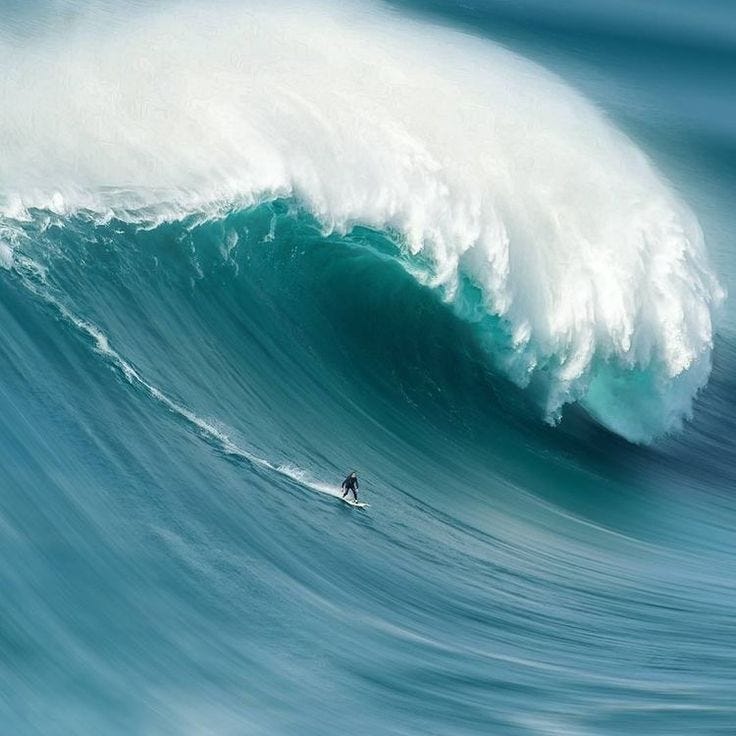 This may contain: a man riding a wave on top of a surfboard
